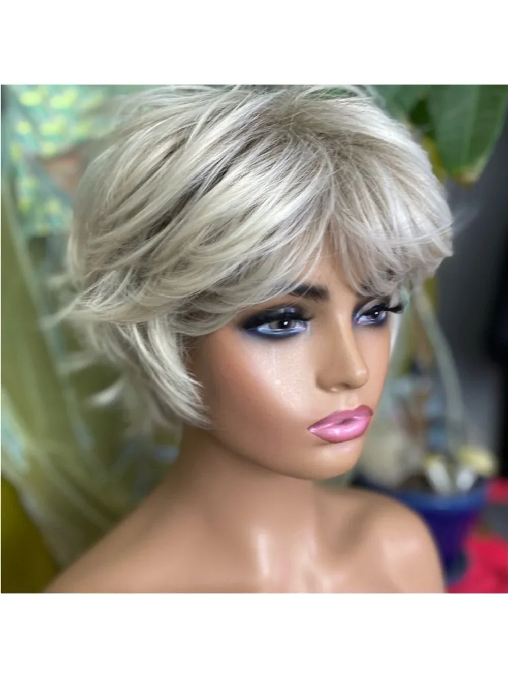 ash platinum blonde rooted shaggy pixie bob wig